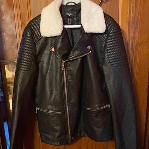 Forever 21 Black Faux Leather Jacket with White Collar